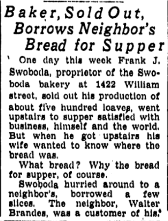 Article scan: Baker, Sold Out, Borrows Neighbor's Bread for Supper